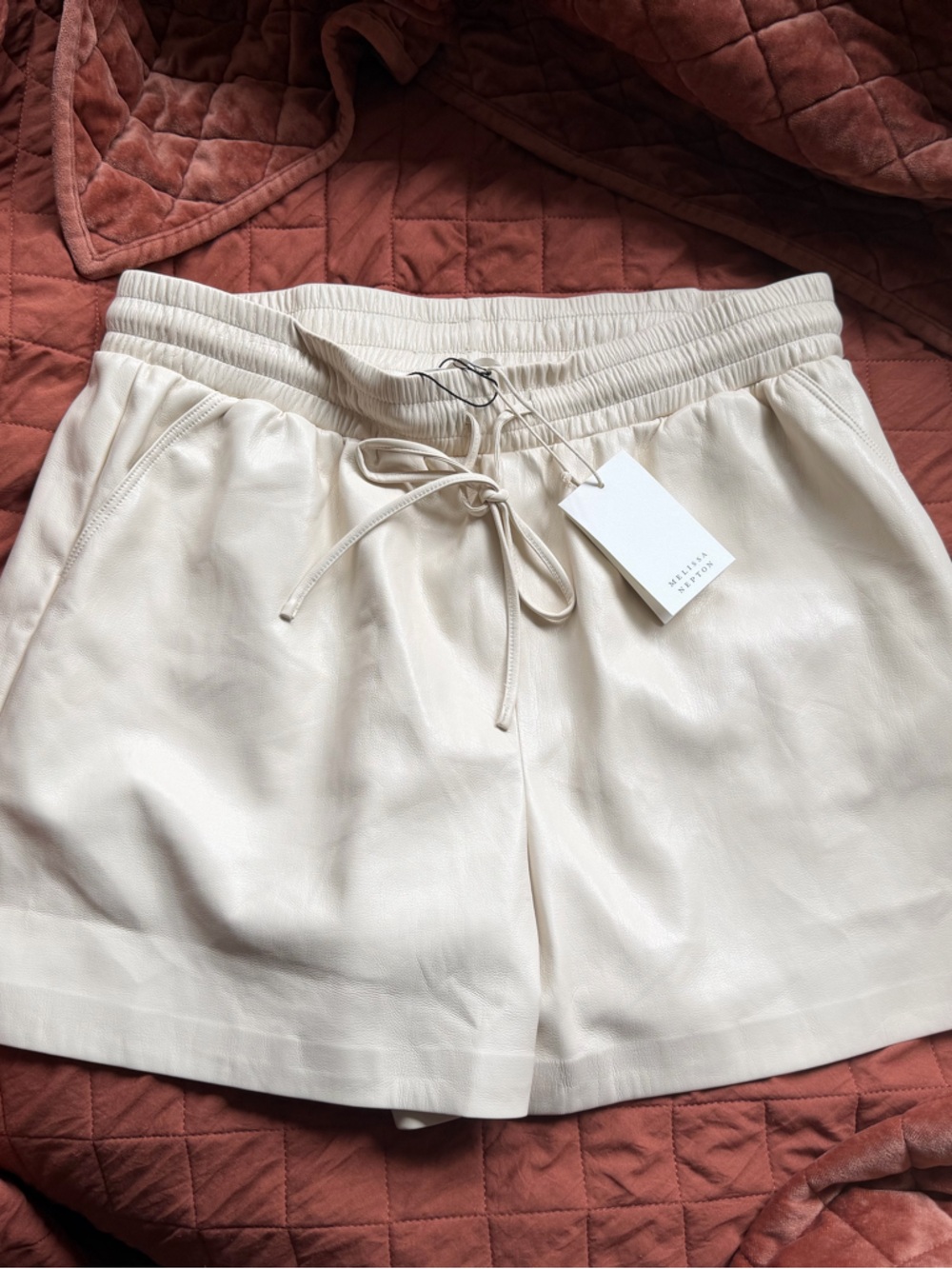 Melissa Nepton Drawstring Waist vegan leather Shorts. Cream